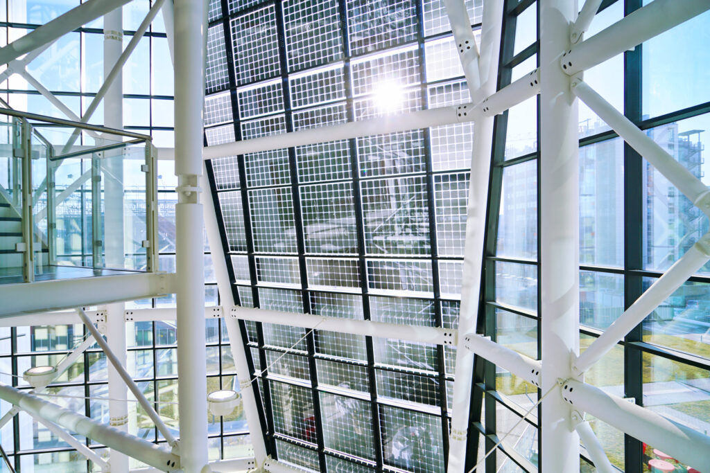 Facade,Of,Solar,Panels,Seen,From,Inside,The,Modern,Building