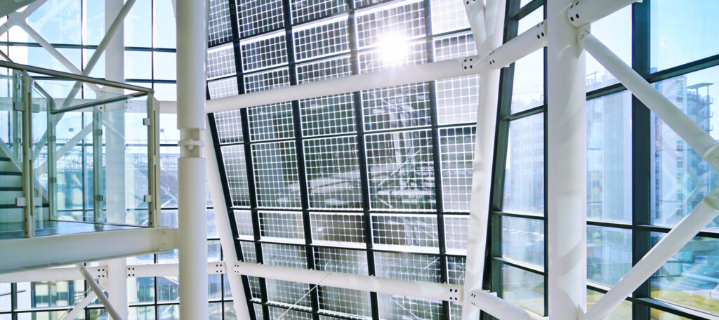 Facade,Of,Solar,Panels,Seen,From,Inside,The,Modern,Building