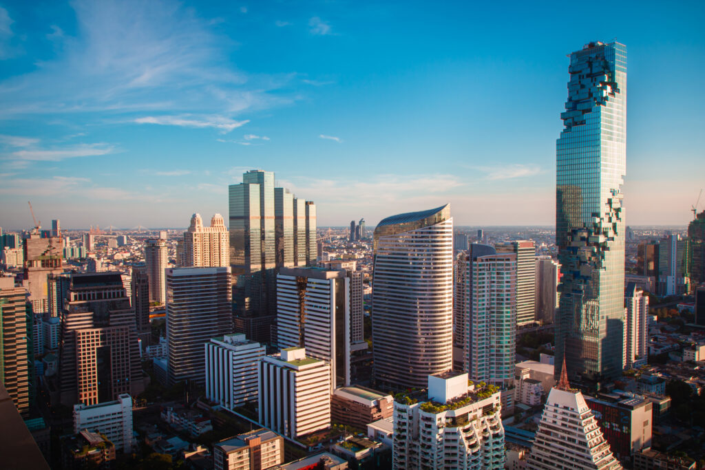 Top,View,Commercial,Building,In,Bangkok,City,At,Twilight,With
